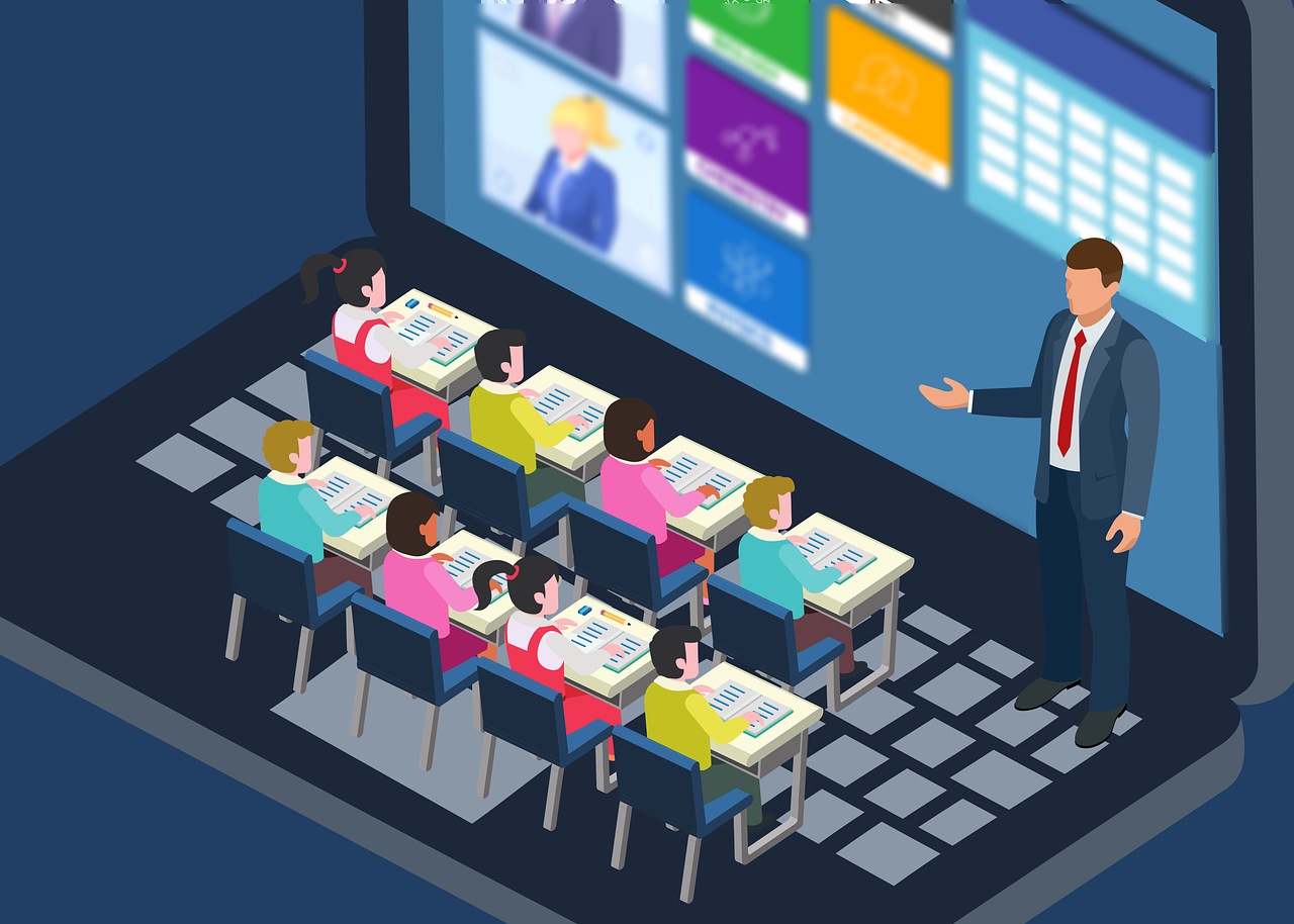Online training classroom illustration showing instructor and students learning virtually